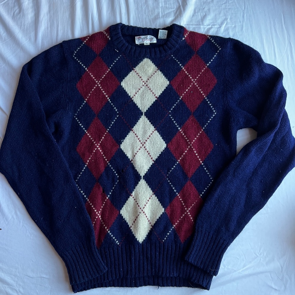 Parker Of Vienna Men’s Vintage Sweater Argyle Navy Red 100% Wool Medium knit